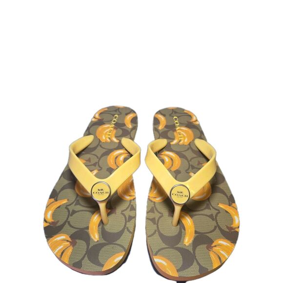 Coach Banana Print Flip Flops Yellow Signature Logo Sandals New Without Box - Picture 2 of 4